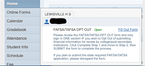 FAFSA/TASFA Opt out message